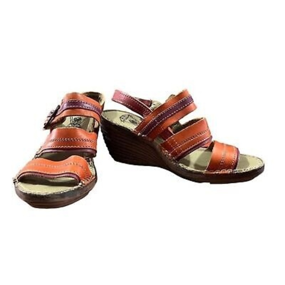 Fly‎ London Salm Wedge Sandals Strappy Slingback Red Orange Leather EU 36 US 6
